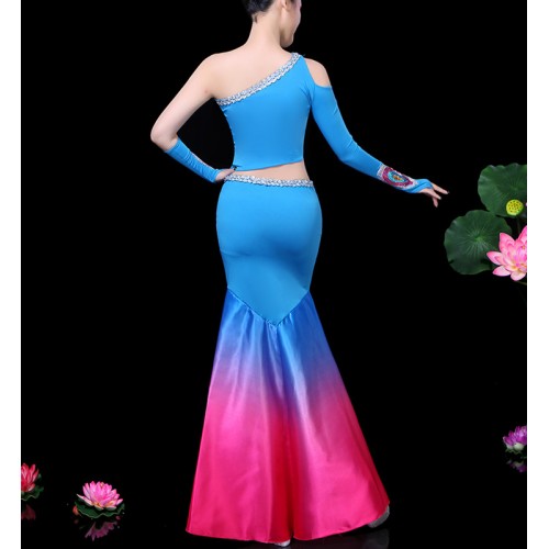 Chinese peacoc Dai dance dresses for women girls turquoise with pink Peacock dance mermaid dresses fishtail skirt belly dance ethnic minority performance costumes